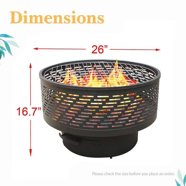 26"W Wood Burning Fire Pits with Grill & lid, Waterproof Cover 26